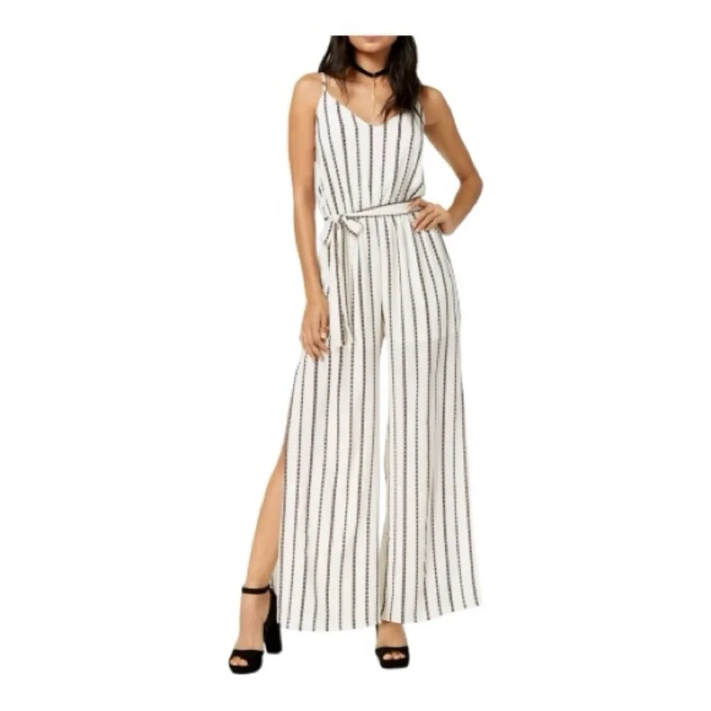 EUC One Clothing ivory & brown striped wide leg jumpsuit w/ belt | size large - Picture 1 of 12